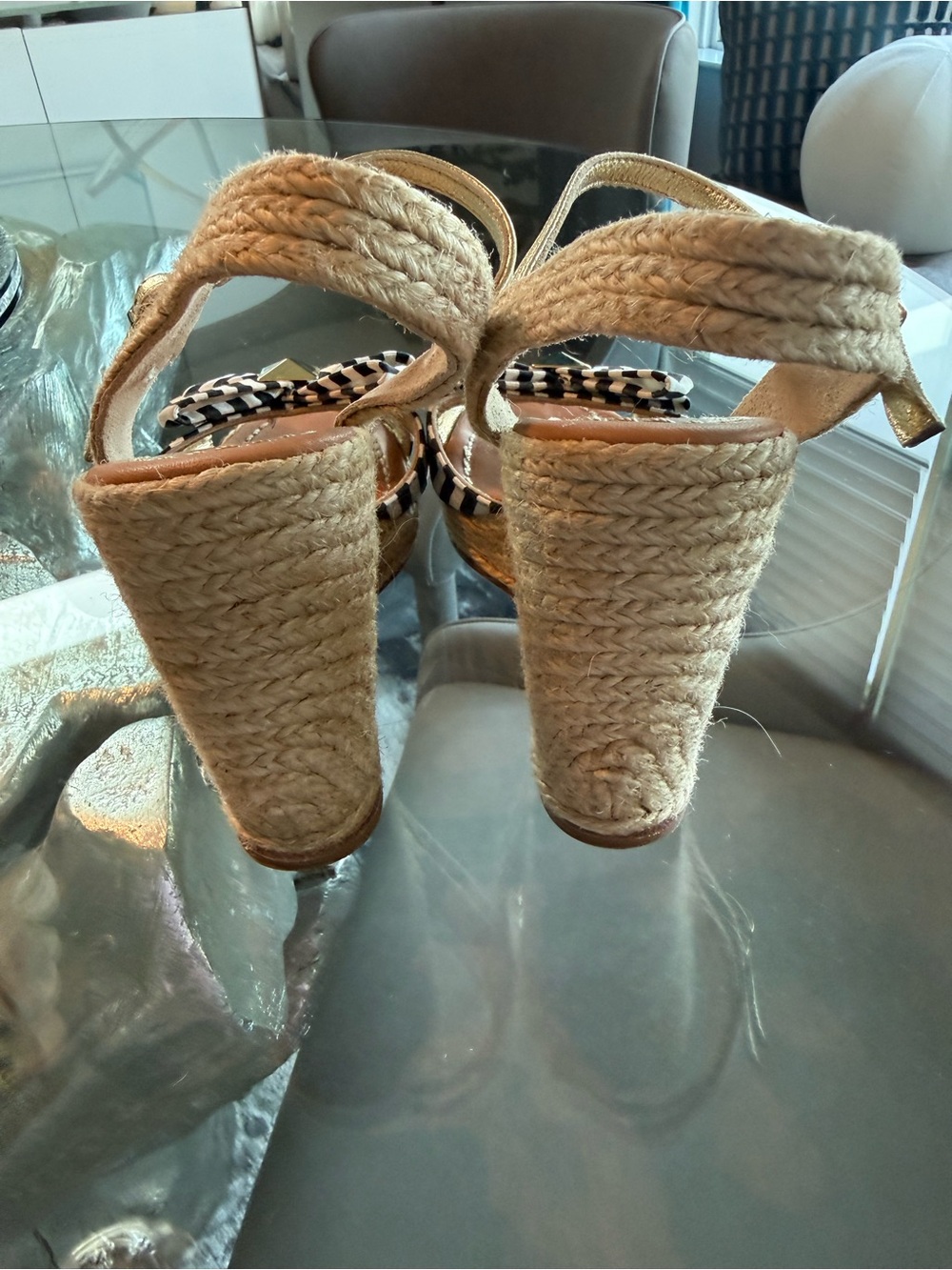 kate spade Black & White Striped Bow Espadrille Wedge Sandals with Gold Studs - Picture 3 of 7